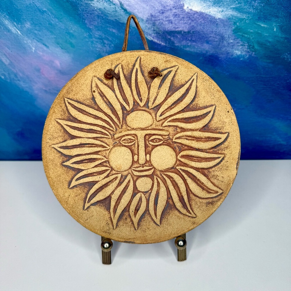 Celestial Pottery Sun Face Wall Hanging Vintage Folk Art Ceramic Whimsigoth